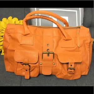 Orange Faux Leather Duffle Purse with Buckles